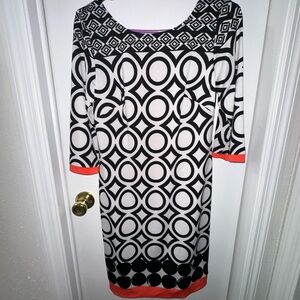 AGB Black and White Geometric Dress with Orange Trim